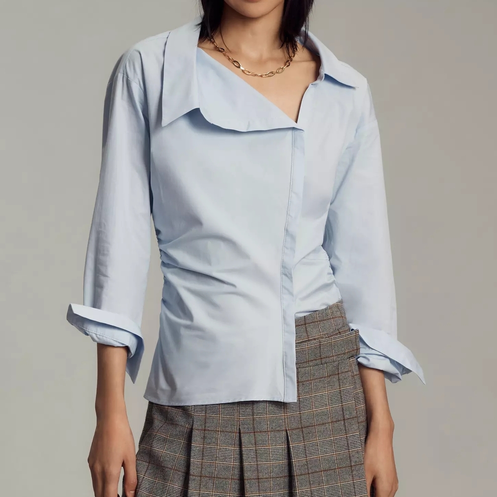 Maeve Light Blue Asymmetrical Collar Button-Front Blouse